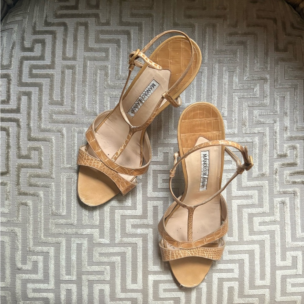 Manolo Blahnik Beige Croc-Embossed Sandals